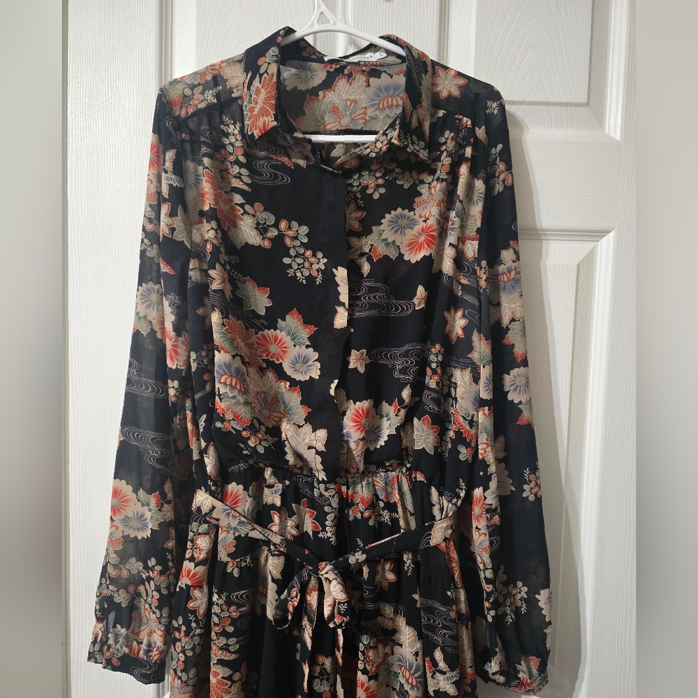 Molly Bracken Floral Print Ruffle Hem Midi Shirt Dress, Stretch Waist, EUC! - Picture 4 of 16